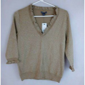 New American Living Women's Gold Metallic Ruffle Neckline Blouse Size Large